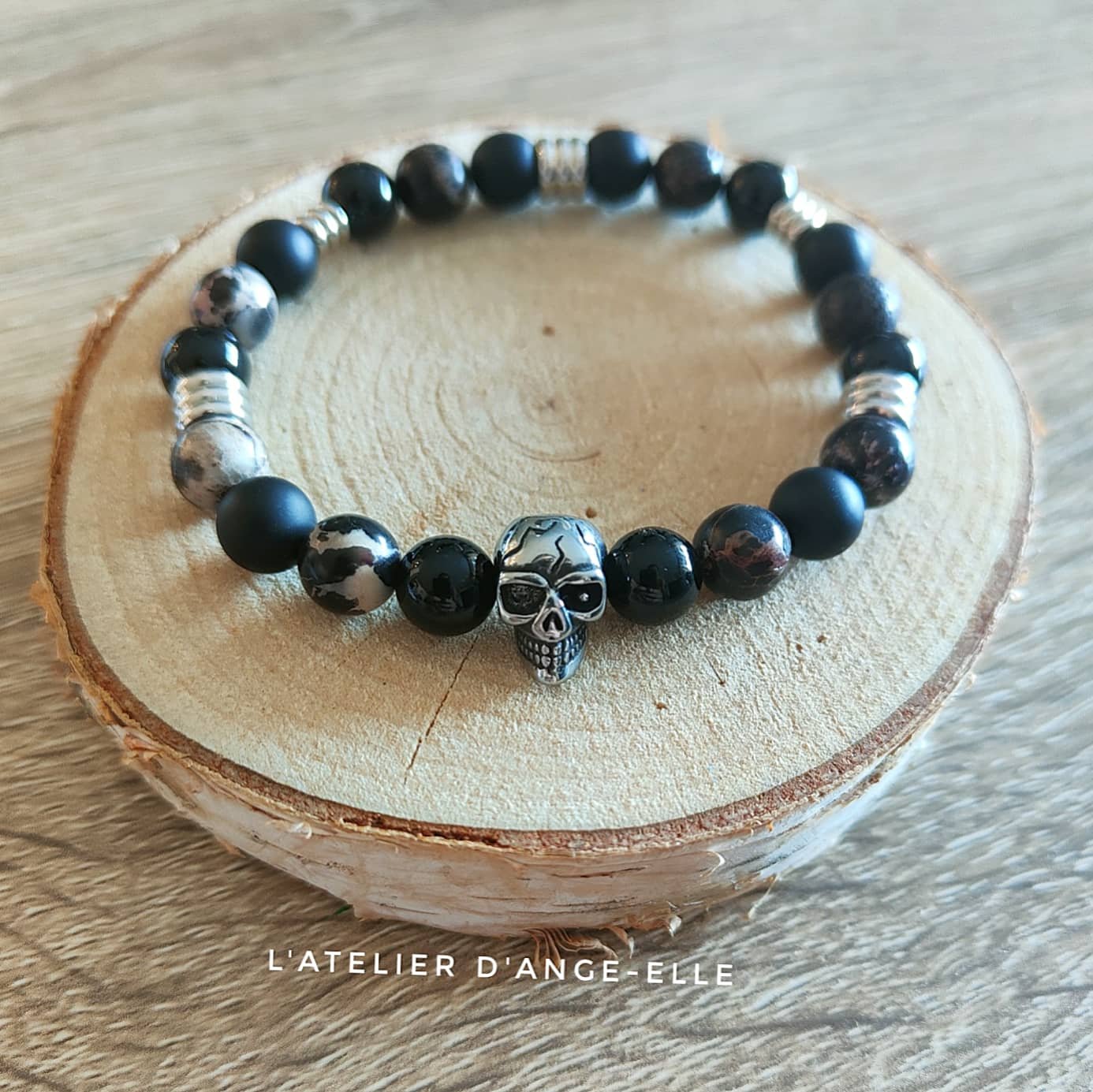 Bracelet Perles De Pierre Naturelle Noir Avec Crâne - Ajustable, Acier Inoxydable